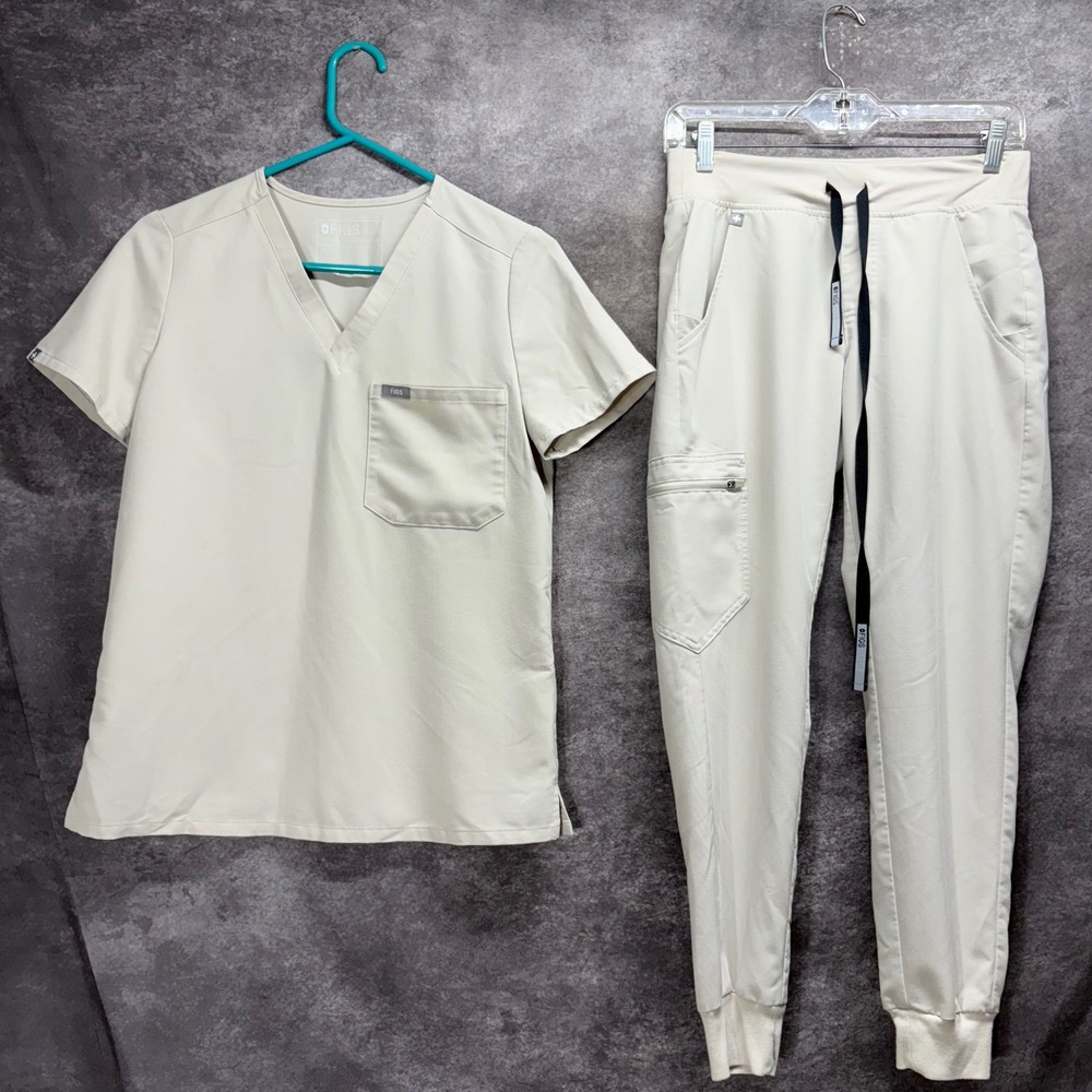 FIGS Scrub Set Catarina One Pocket Top Zamora Joggers Pants Size XS Sand Beige